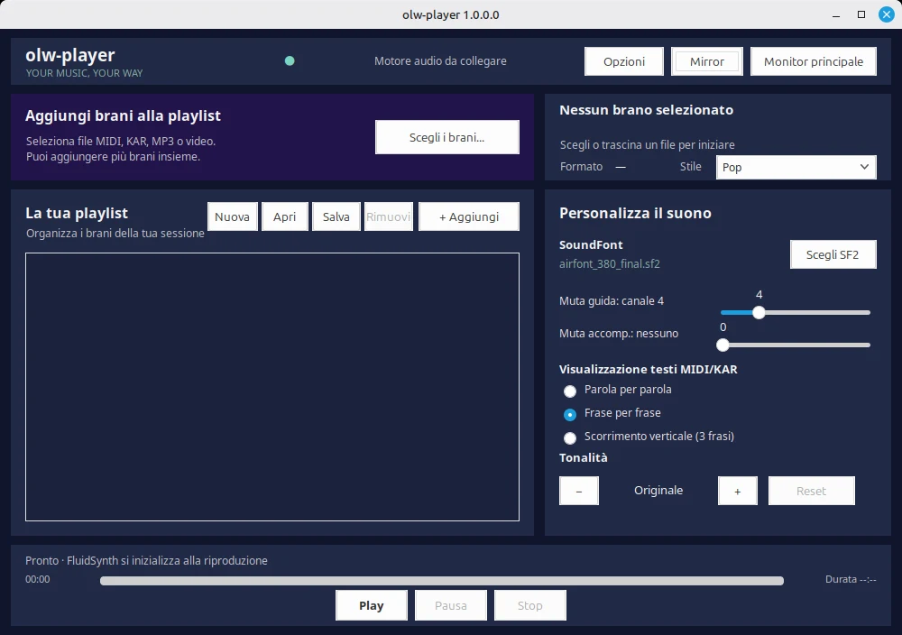La finestra principale di olw-player: playlist, scelta del SoundFont, modi di visualizzazione dei testi e tonalità